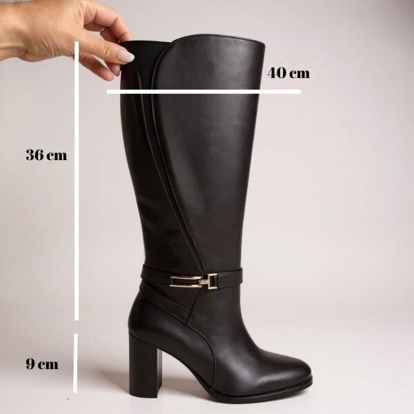 Siyah Deri Lastik Detaylı Tokalı Kadın Kalın Topuklu Çizme