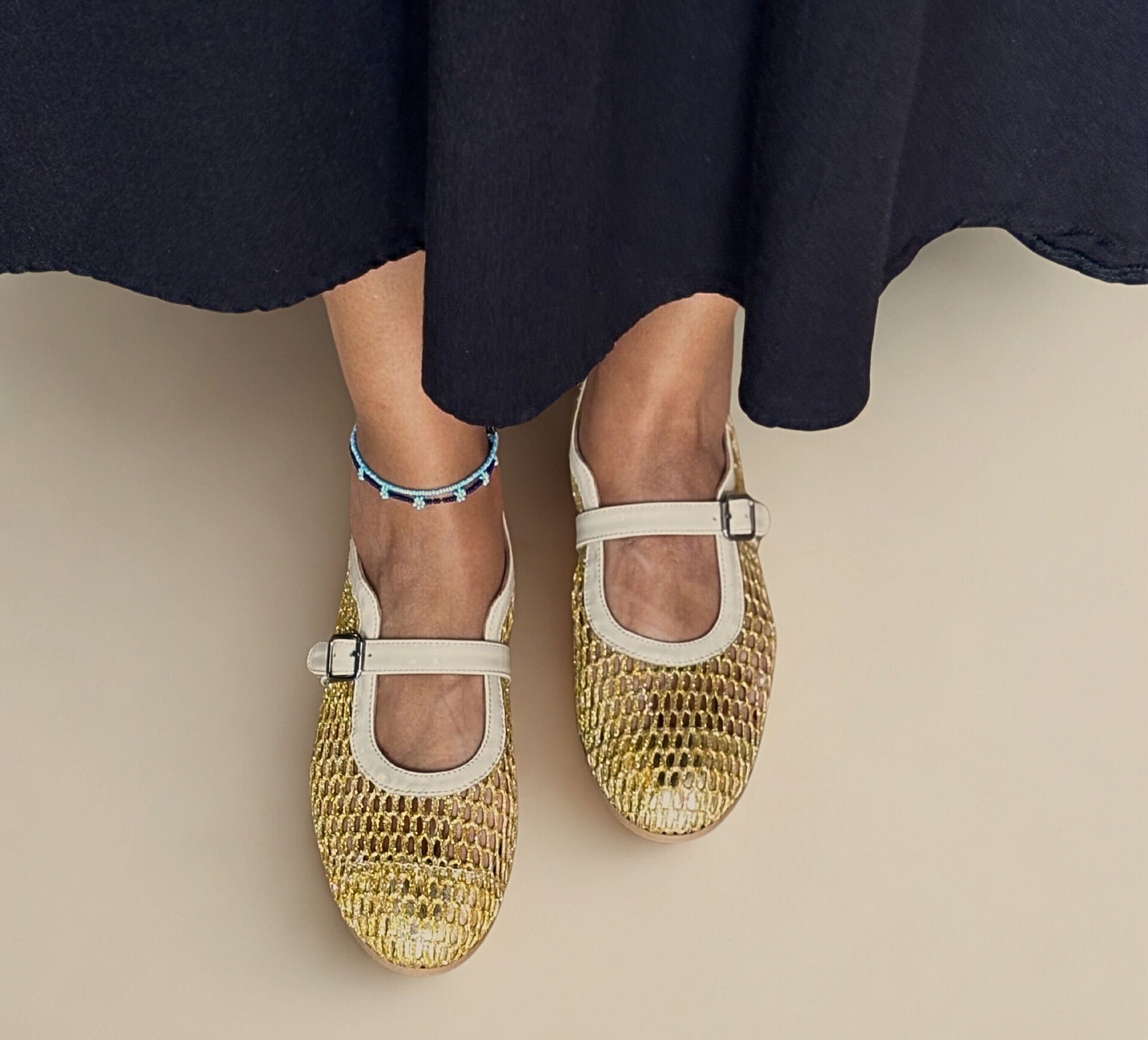 Altın File Bej Rugan Bantlı Kadın Şık ve Rahat Babet