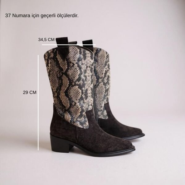 Kahve Süet Hakiki Deri Yılan Baskılı İçten Fermuarlı Kadın Western Bot