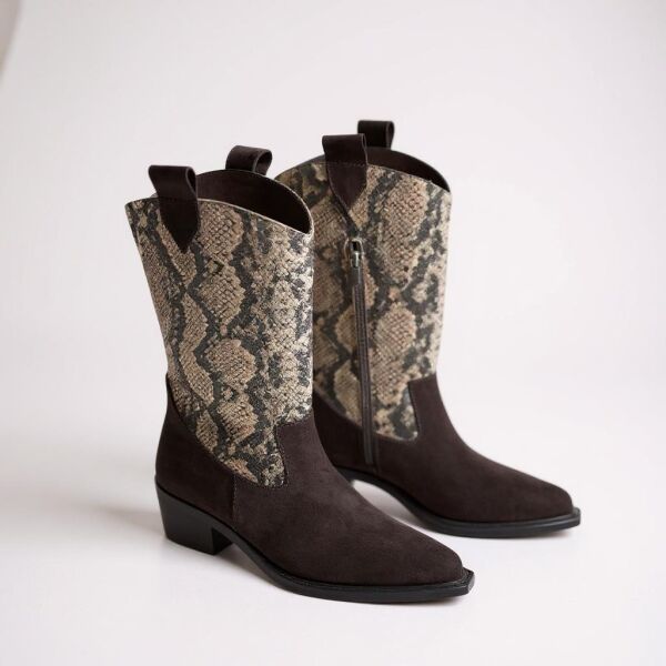 Kahve Süet Hakiki Deri Yılan Baskılı İçten Fermuarlı Kadın Western Bot