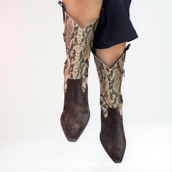 Kahve Süet Hakiki Deri Yılan Baskılı İçten Fermuarlı Kadın Western Bot