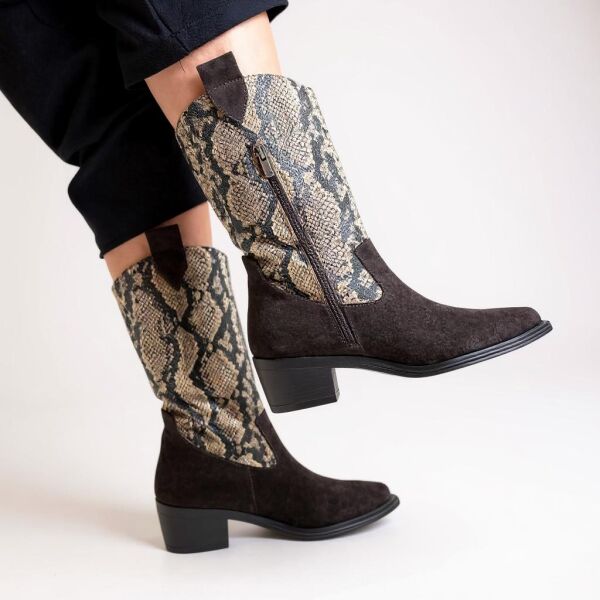 Kahve Süet Hakiki Deri Yılan Baskılı İçten Fermuarlı Kadın Western Bot