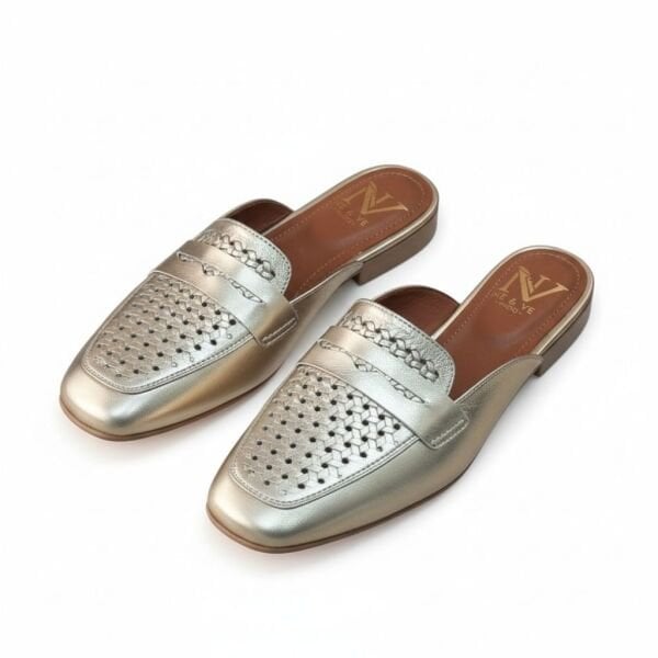 Altın Deri Örgü Baskı Desenli Kadın Sabo Terlik