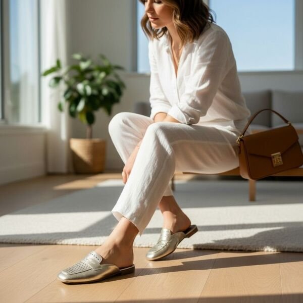 Altın Deri Örgü Baskı Desenli Kadın Sabo Terlik