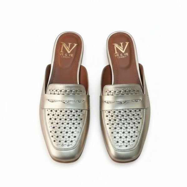 Altın Deri Örgü Baskı Desenli Kadın Sabo Terlik