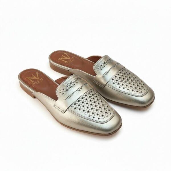 Altın Deri Örgü Baskı Desenli Kadın Sabo Terlik