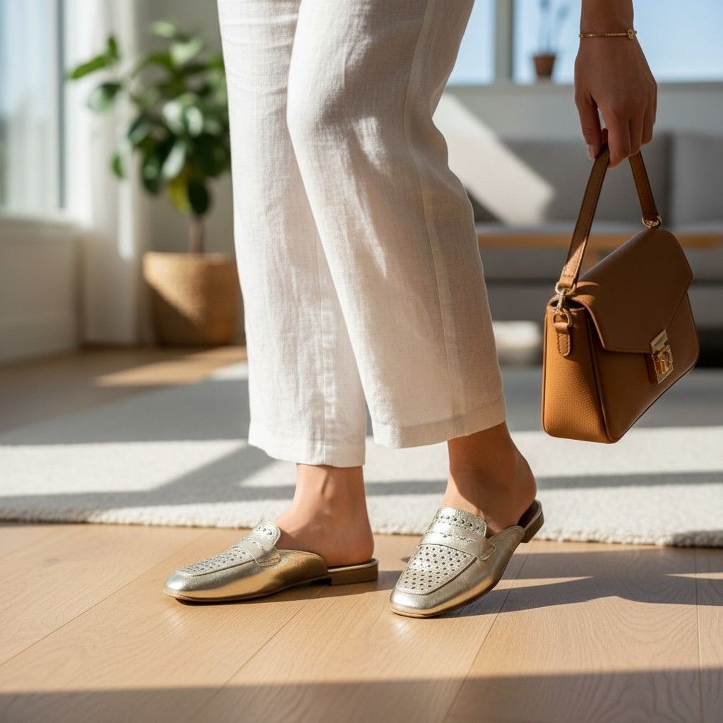 Altın Deri Örgü Baskı Desenli Kadın Sabo Terlik