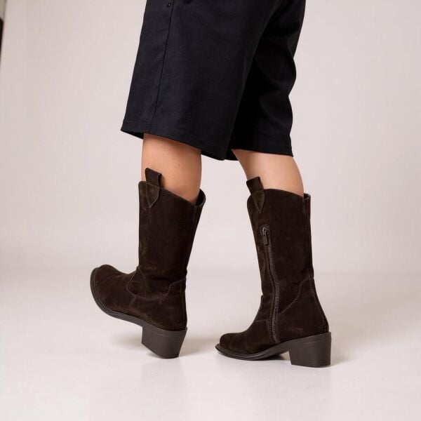 Kahve Süet Hakiki Deri İçten Fermuarlı Kadın Western Bot