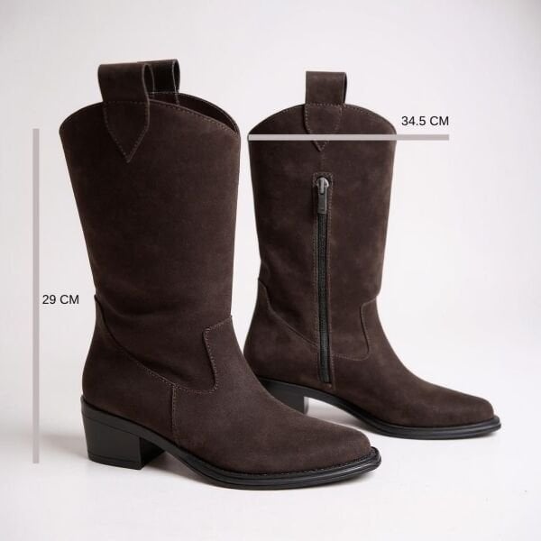 Kahve Süet Hakiki Deri İçten Fermuarlı Kadın Western Bot