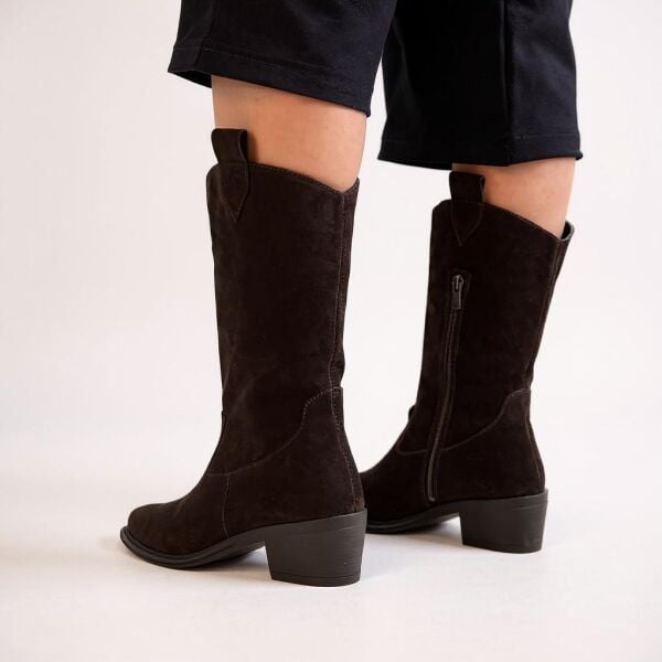 Kahve Süet Hakiki Deri İçten Fermuarlı Kadın Western Bot