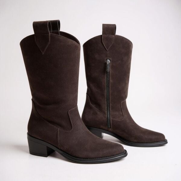 Kahve Süet Hakiki Deri İçten Fermuarlı Kadın Western Bot