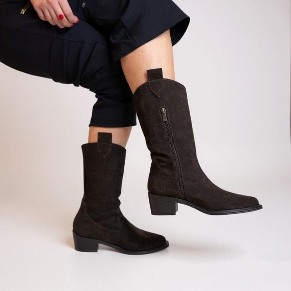 Kahve Süet Hakiki Deri İçten Fermuarlı Kadın Western Bot