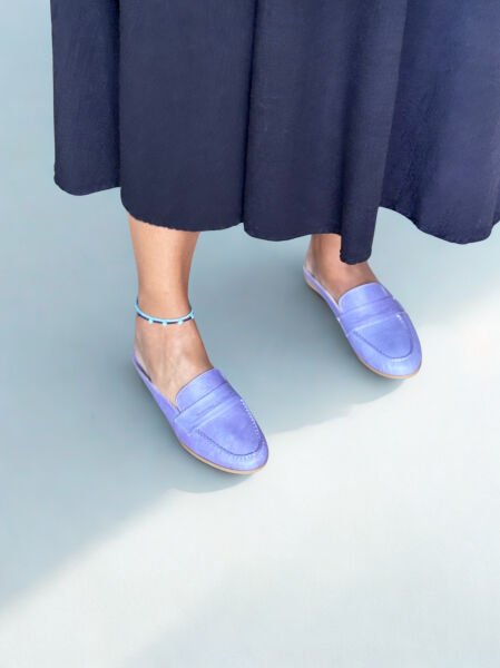 Lila Hakiki Deri Kadın Günlük Sabo Terlik