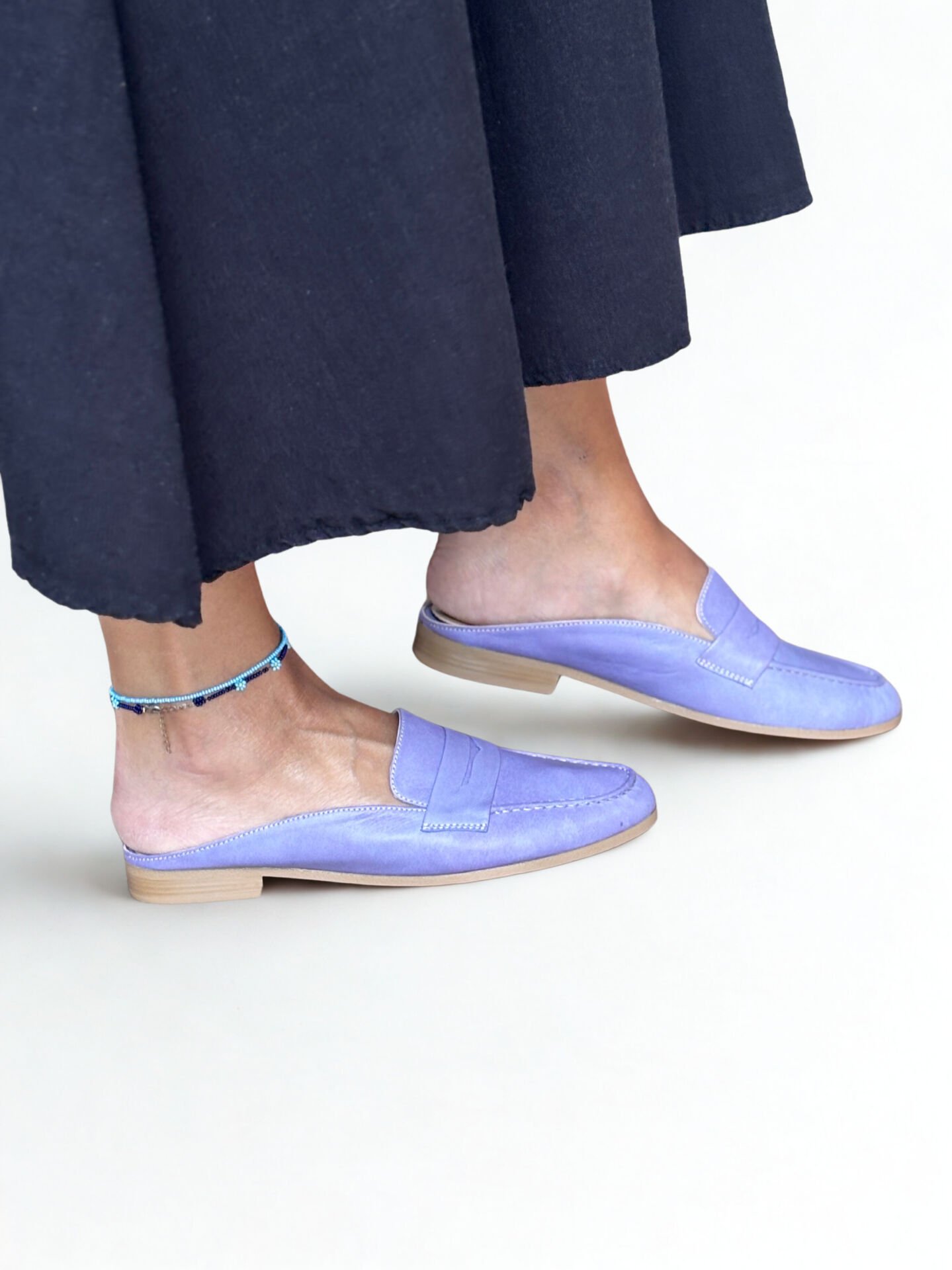 Lila Hakiki Deri Kadın Günlük Sabo Terlik