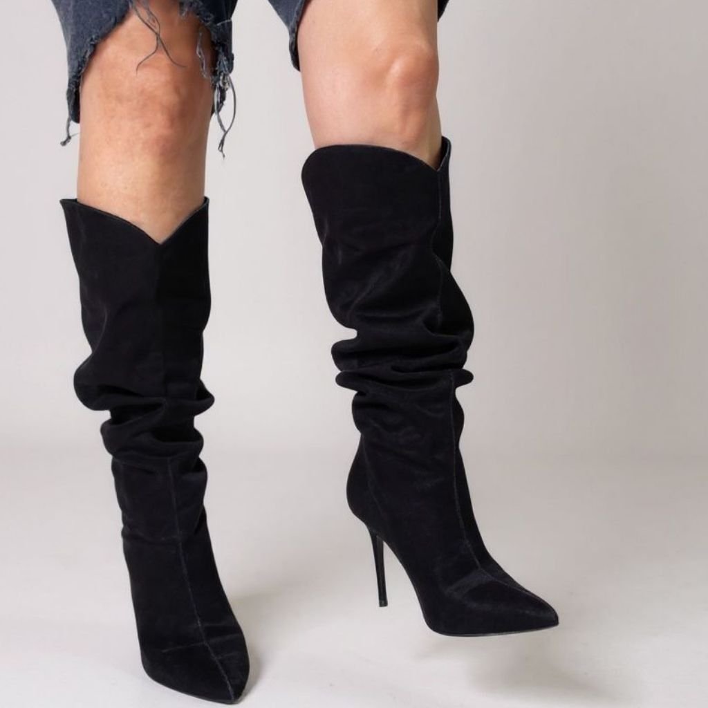 Siyah Süet Hakiki Deri Körüklü Sivri Burun Kadın Çizme