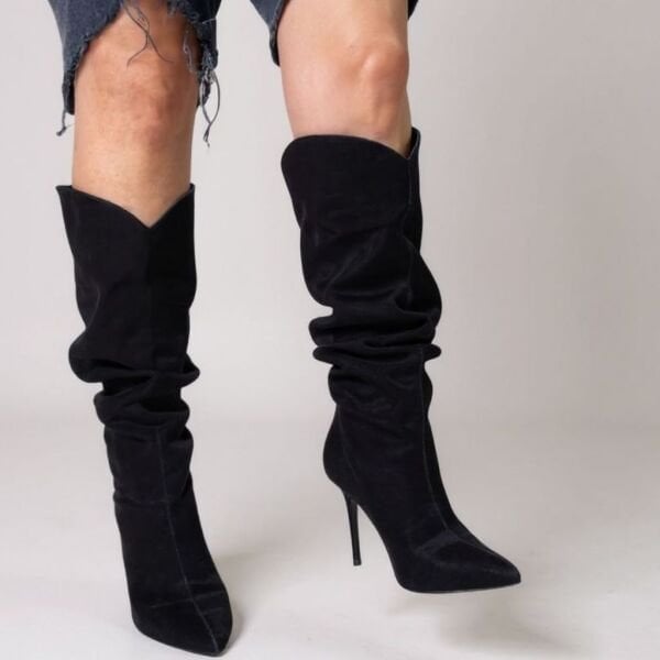 Siyah Süet Hakiki Deri Körüklü Sivri Burun Kadın Çizme