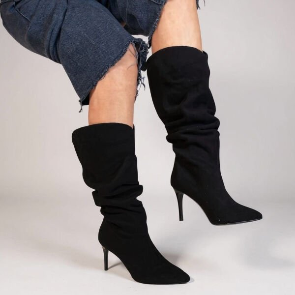 Siyah Süet Hakiki Deri Körüklü Sivri Burun Kadın Çizme