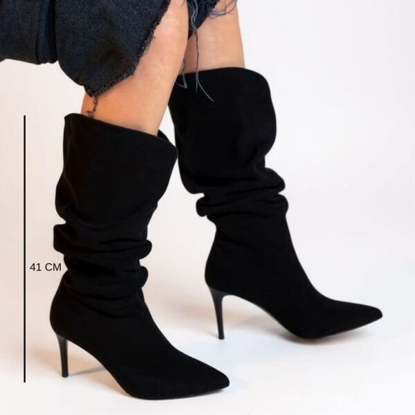 Siyah Süet Hakiki Deri Körüklü Sivri Burun Kadın Çizme