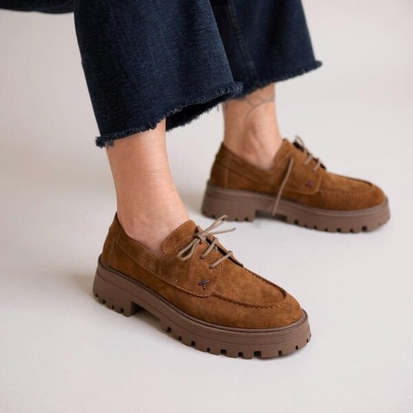 Taba Süet Hakiki Deri Bağcıklı Kalın Tabanlı Kadın Günlük Ayakkabı