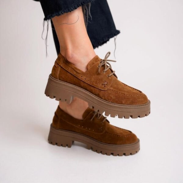 Taba Süet Hakiki Deri Bağcıklı Kalın Tabanlı Kadın Günlük Ayakkabı