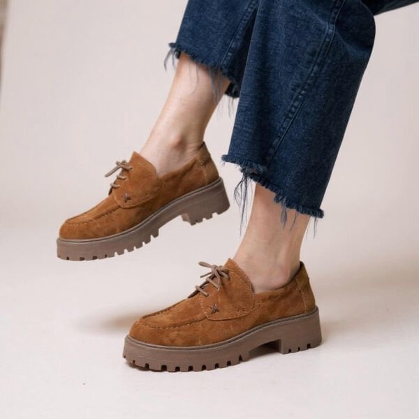 Taba Süet Hakiki Deri Bağcıklı Kalın Tabanlı Kadın Günlük Ayakkabı