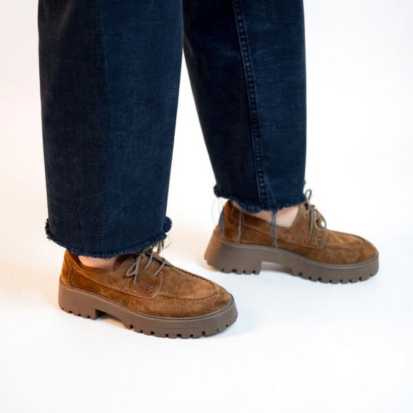 Taba Süet Hakiki Deri Bağcıklı Kalın Tabanlı Kadın Günlük Ayakkabı