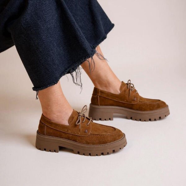 Taba Süet Hakiki Deri Bağcıklı Kalın Tabanlı Kadın Günlük Ayakkabı