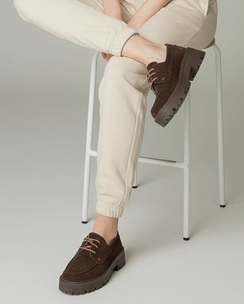 Kahve Süet Hakiki Deri Bağcıklı Kalın Tabanlı Kadın Günlük Ayakkabı