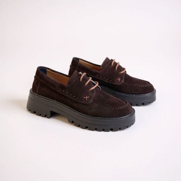 Kahve Süet Hakiki Deri Bağcıklı Kalın Tabanlı Kadın Günlük Ayakkabı