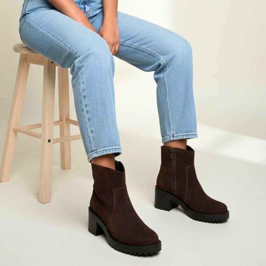 Kahve Süet Hakiki Deri Fermuarlı Kadın Kalın Topuklu Bot