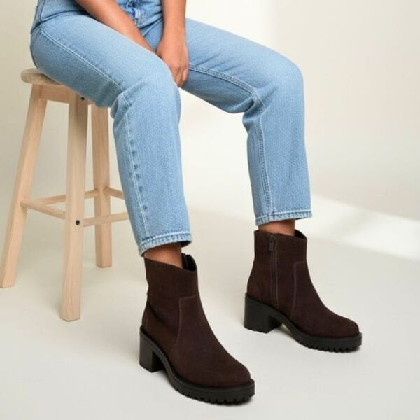 Kahve Süet Hakiki Deri Fermuarlı Kadın Kalın Topuklu Bot