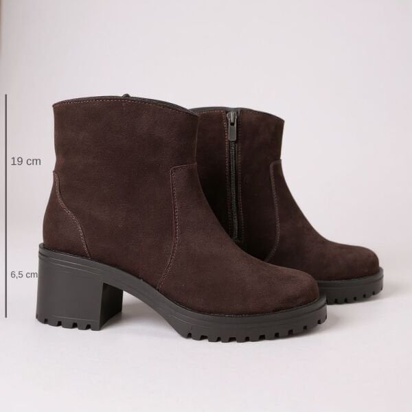 Kahve Süet Hakiki Deri Fermuarlı Kadın Kalın Topuklu Bot