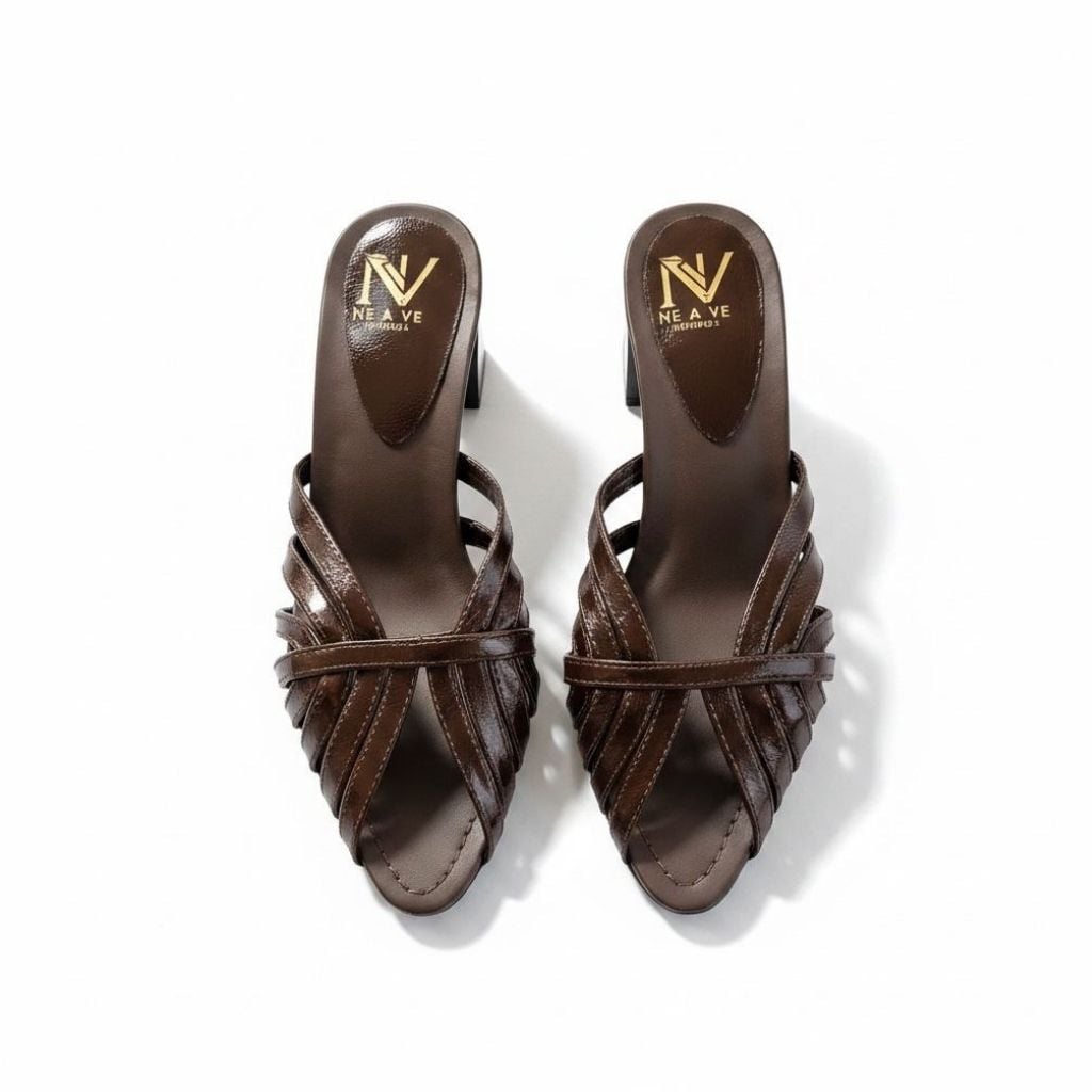 Altın Deri Biye Kadın Kalın Topuklu Terlik kahve deri - 36