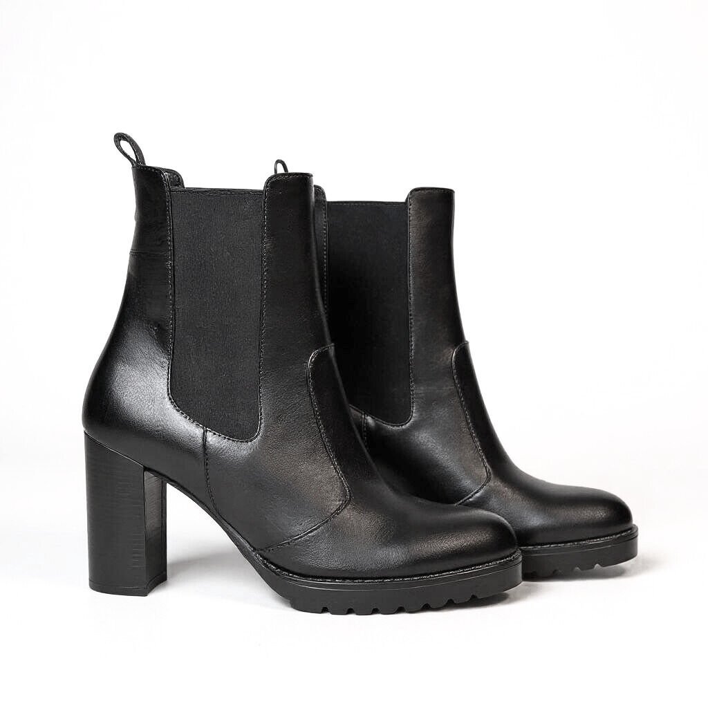 Siyah Deri İki Yandan Lastikli Kadın Kalın Topuklu Chelsea Bot