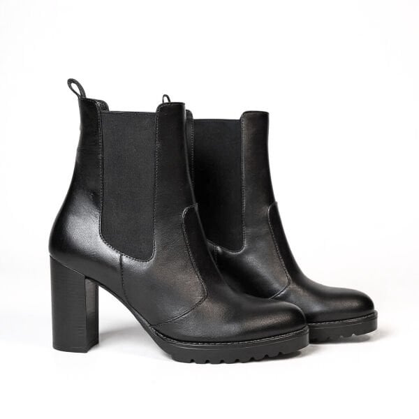 Siyah Deri İki Yandan Lastikli Kadın Kalın Topuklu Chelsea Bot