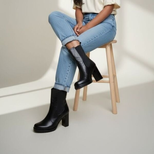 Siyah Deri İki Yandan Lastikli Kadın Kalın Topuklu Chelsea Bot