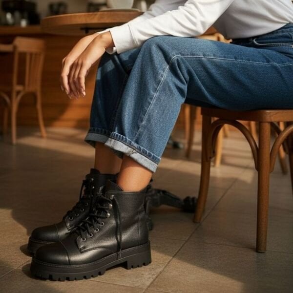 Siyah Deri İçten Fermuarlı Kalın Tabanlı Kadın Postal