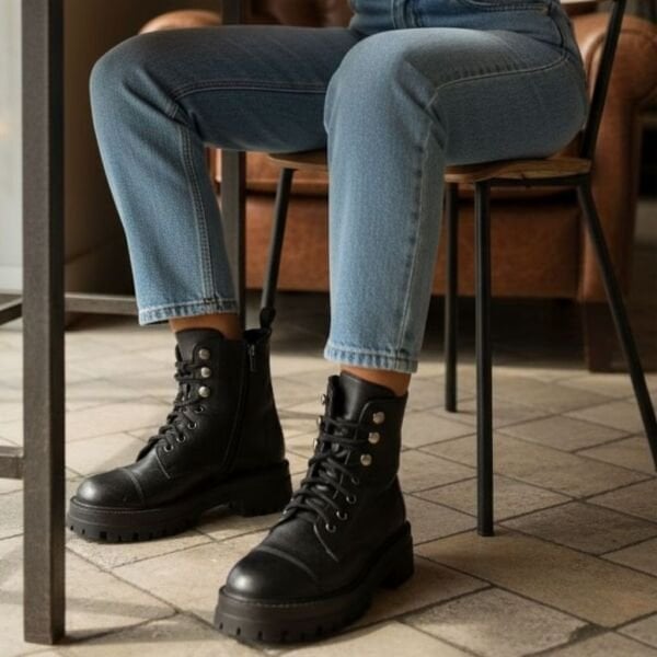 Siyah Deri İçten Fermuarlı Kalın Tabanlı Kadın Postal