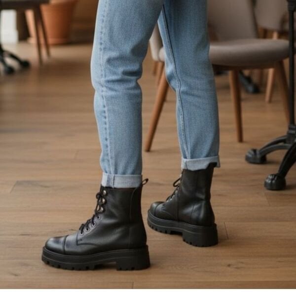 Siyah Deri İçten Fermuarlı Kalın Tabanlı Kadın Postal