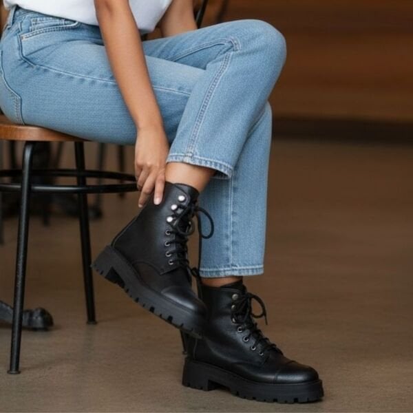 Siyah Deri İçten Fermuarlı Kalın Tabanlı Kadın Postal