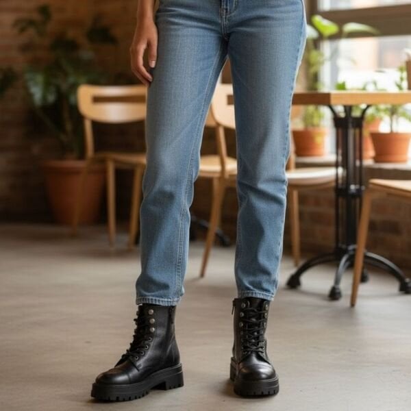 Siyah Deri İçten Fermuarlı Kalın Tabanlı Kadın Postal