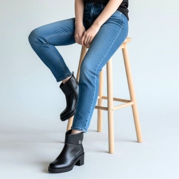 Siyah Deri Fermuar Detaylı Düğme Aksesuarlı Kadın Arkadan Lastikli Bot