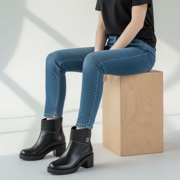 Siyah Deri Fermuar Detaylı Düğme Aksesuarlı Kadın Arkadan Lastikli Bot