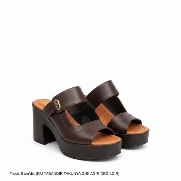 Siyah Deri Ayarlanabilir Cırtlı Dikiş Detaylı Kadın Takunya Terlik kahve deri - 38