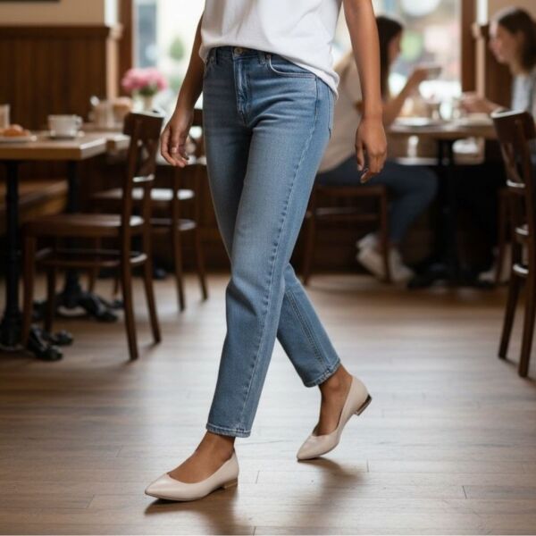 Bej Hakiki Deri Sivri Burun Şık Ve Rahat Günlük Babet