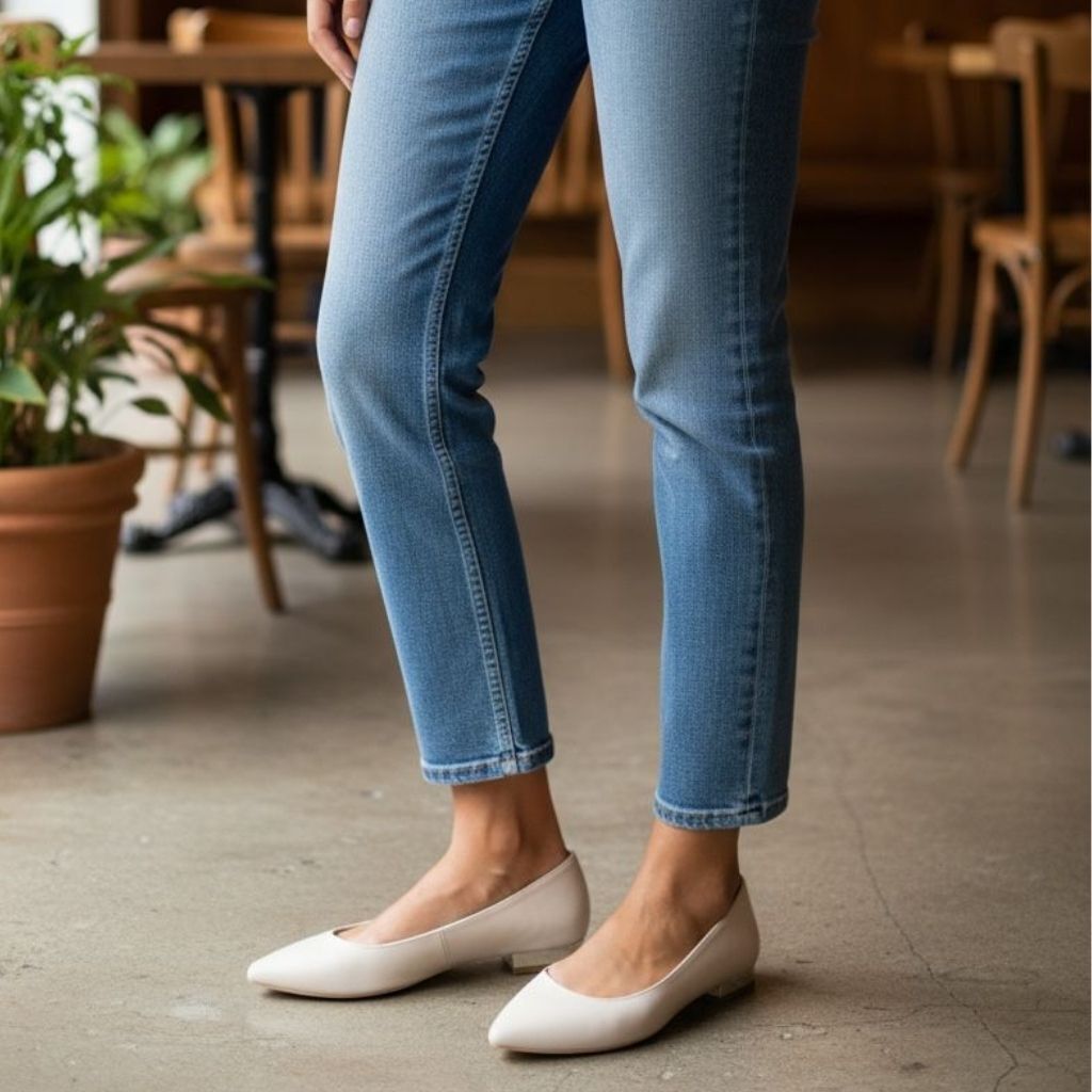 Bej Hakiki Deri Sivri Burun Şık Ve Rahat Günlük Babet