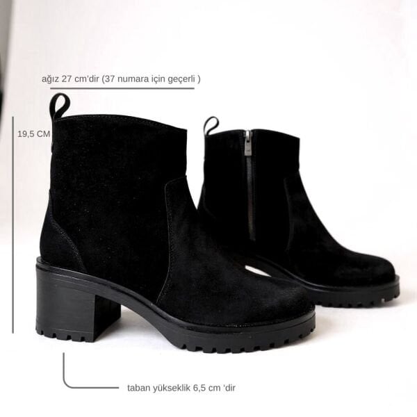 Siyah Süet Hakiki Deri Fermuarlı Kadın Kalın Topuklu Bot