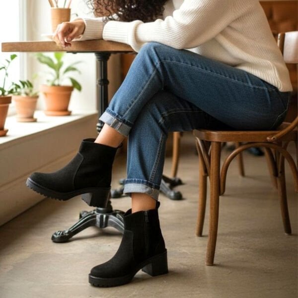 Siyah Süet Hakiki Deri Fermuarlı Kadın Kalın Topuklu Bot