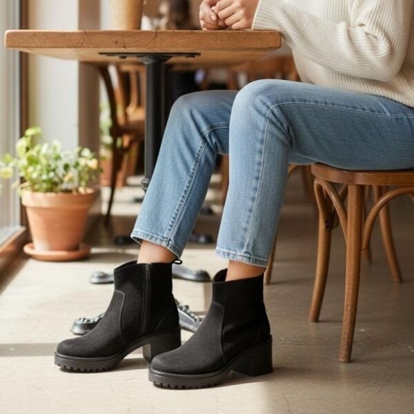 Siyah Süet Hakiki Deri Fermuarlı Kadın Kalın Topuklu Bot