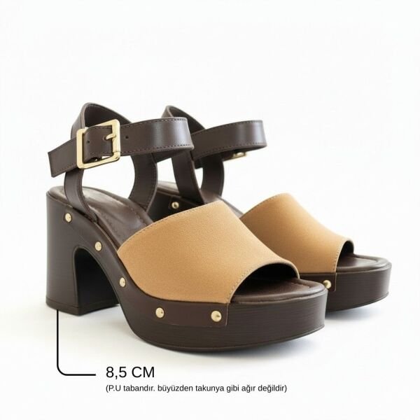 Kahve Deri Camel Süet Garnili Hafif Tabanlı Kadın Takunya Terlik